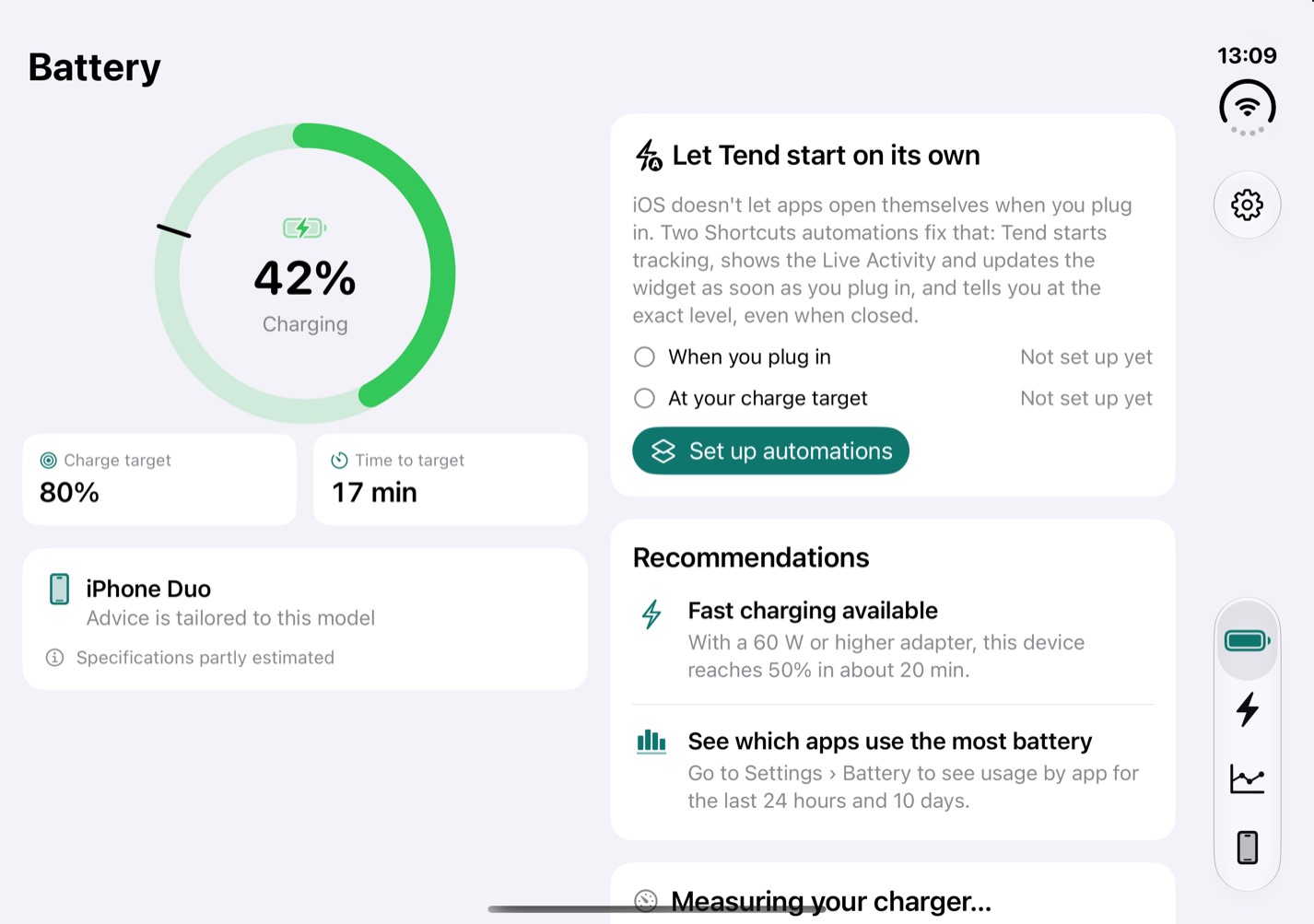 Tend's battery screen in two columns on an unfolded iPhone Duo