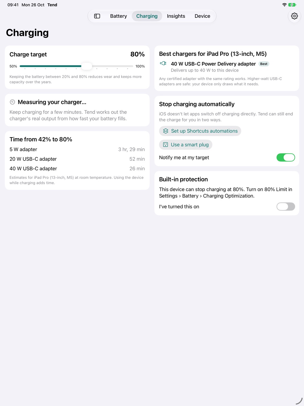 Tend's charging screen on iPad Pro 13-inch