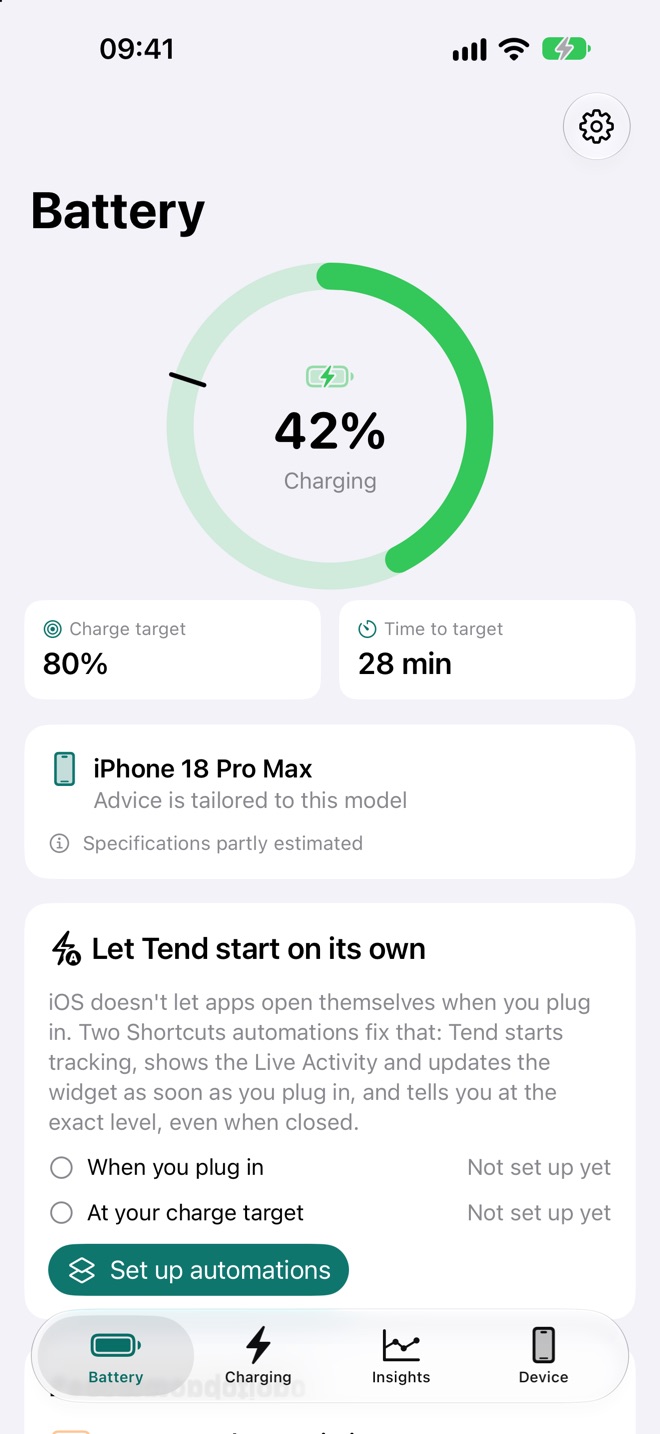 Tend's battery screen on iPhone