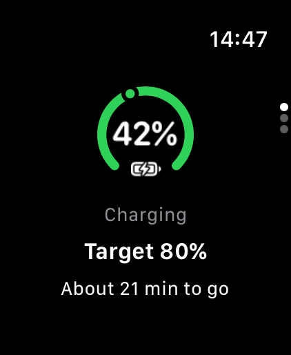 Tend on Apple Watch Ultra 4 showing the charge level, target and time to go